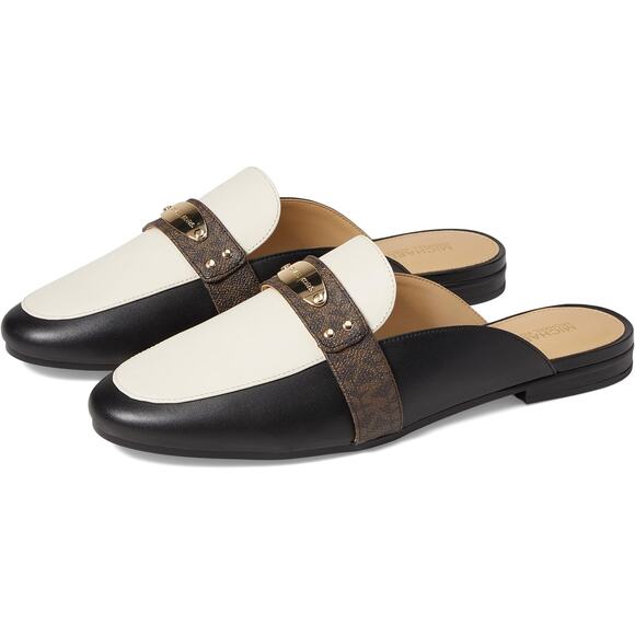 NEW MICHAEL Michael Kors Plate Colorblock Leather Logo Slide Mule Flats - Picture 1 of 13